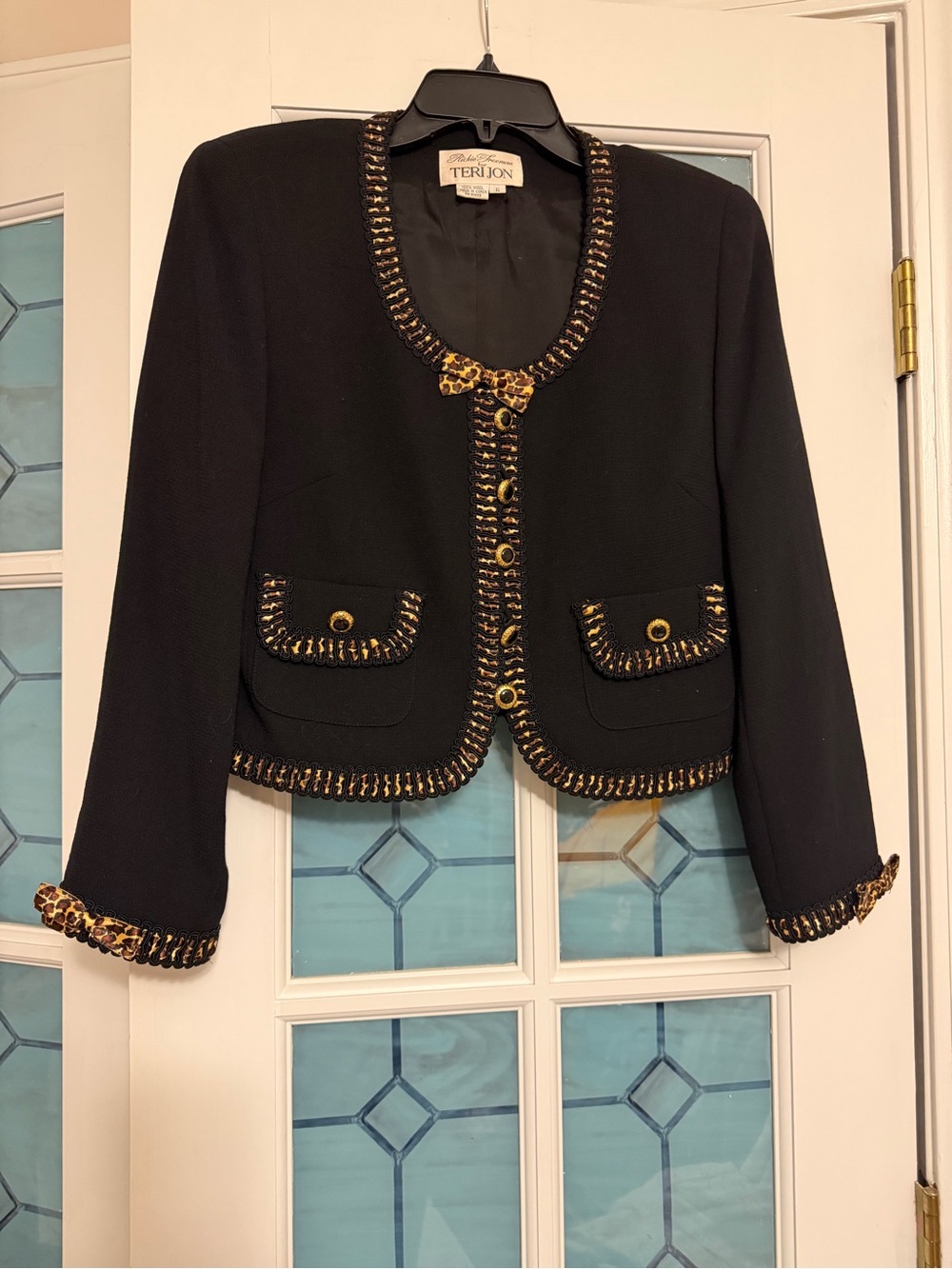 Teri Jon Black Cropped Jacket with Gold Chain & Leopard Trim
